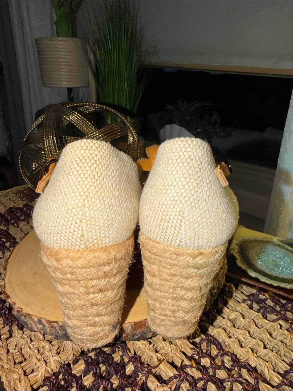 White Mountain White and Tan Espadrille Wedge Sandals